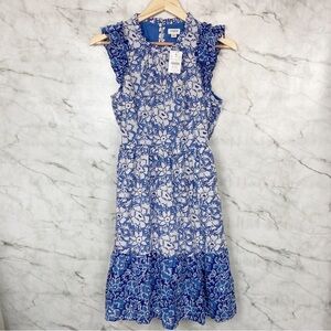 💜 j. Crew 🌸 Mini Dress Ruffle Tiered Blue Floral Cotton Pocket U…